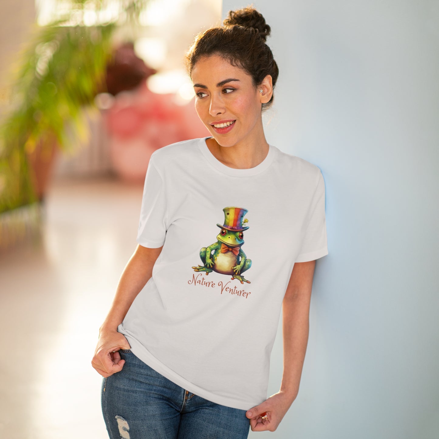 ECO-Friendly T-shirt (Unisex) ~ Nature Venturer Frog in a Rainbow Hat